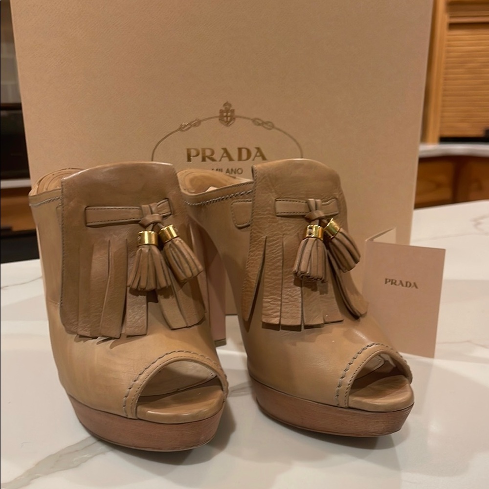 Prada Tan Mules with Tassel Detail
